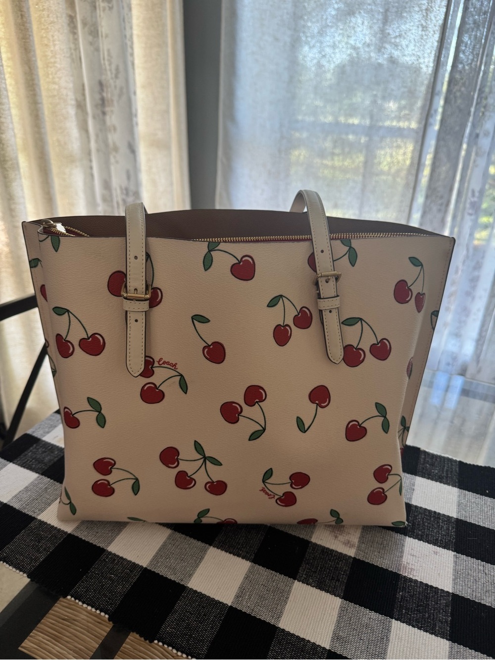 White Cherry Print Tote Bag with Red Accents - Picture 5 of 5
